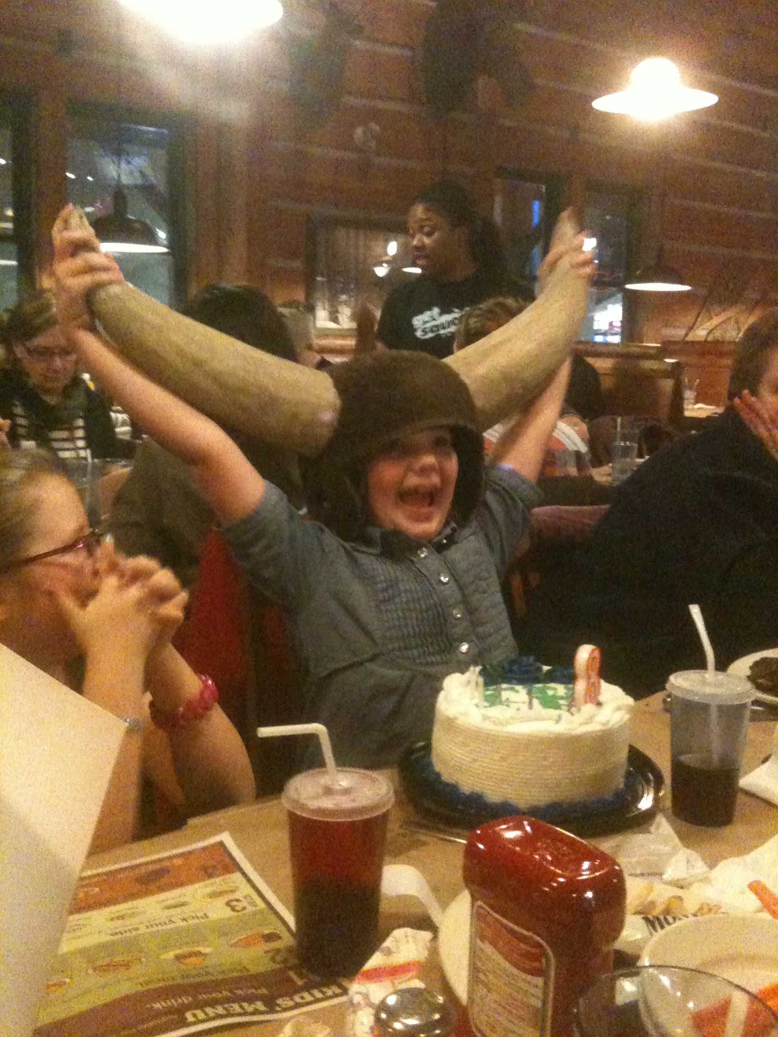 Although words are not required, this is Emily at her birthday dinner, overjoyed to be wearing the Montana's moose hat!